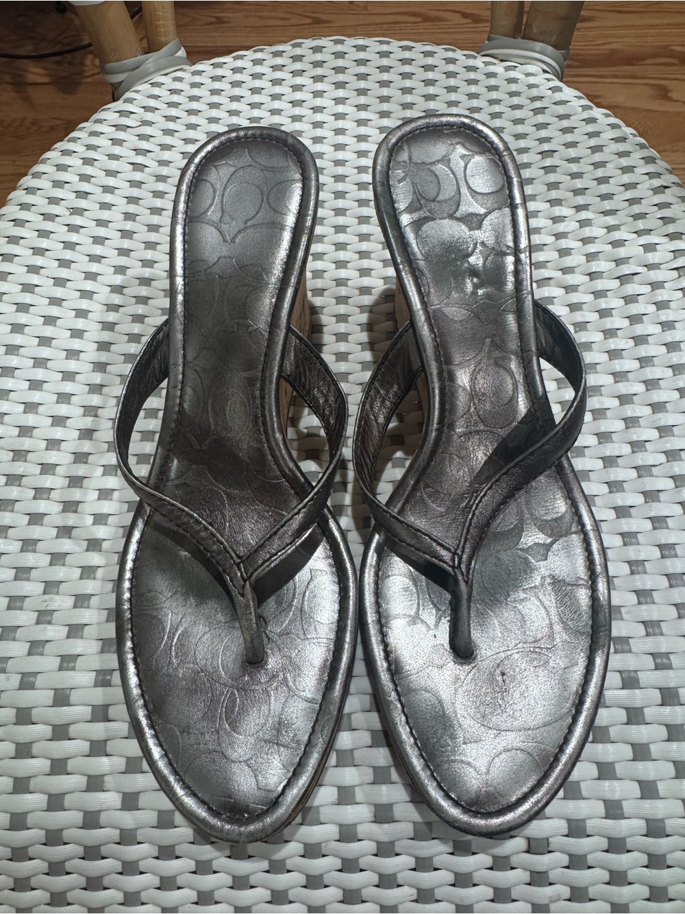 Coach Metallic Lannie Pewter Logo-Embossed Thong Sandals